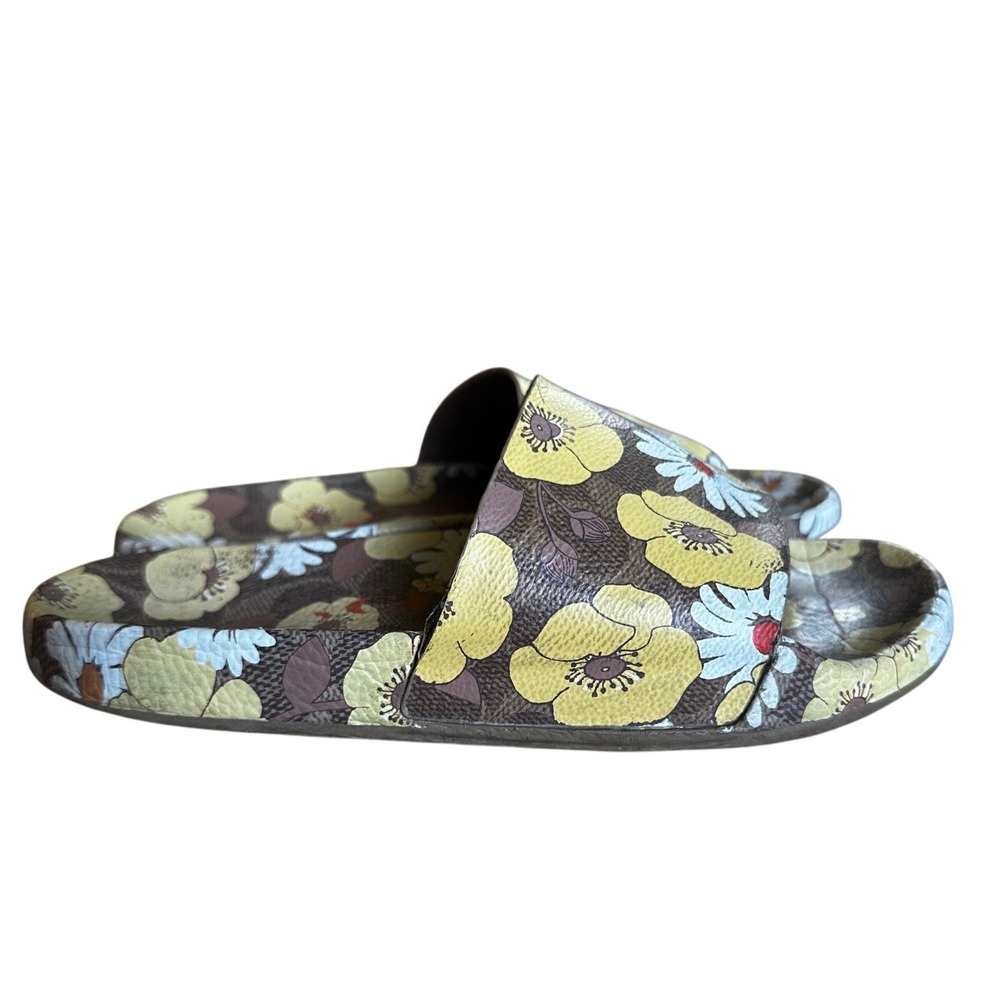 Coach Brown Yellow Floral Slide Sandals Women's 6